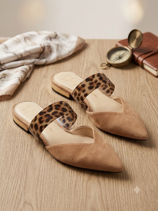 Jessica Simpson Shoes - Jessica Simpson Tan Suede Pointed-Toe Slides with Leopard Strap